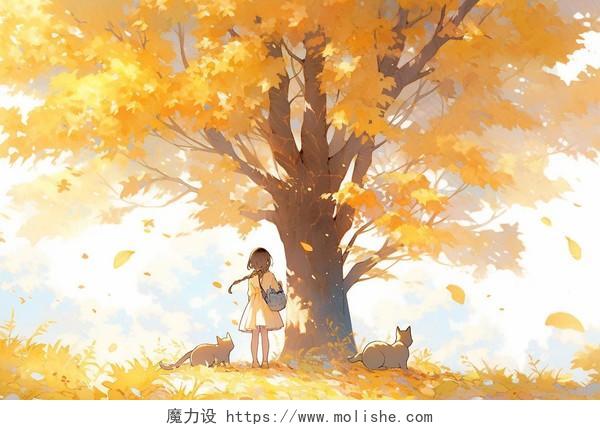 人物一个小女孩和小猫站在一棵大树下卡通AI插画